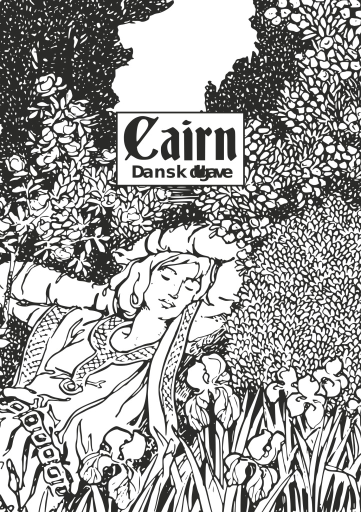 Forsiden til Cairn - dansk udgave. Sort-hvis stregtegning af en sovende, ung mand iklædt renæssance-læder liggende mellem blomster og buskads